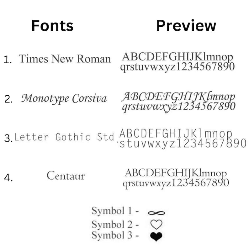 Font chart preview for custom engraving options on personalized pet pill case keychains.