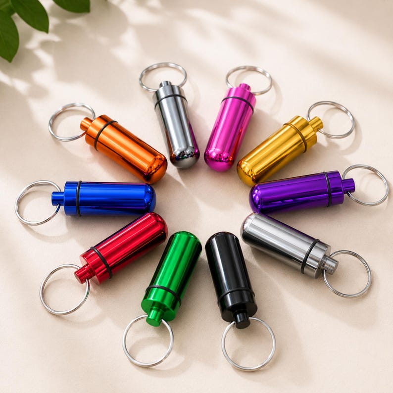 Personalized pet pill case keychains in multiple metallic colors arranged in a circle on a neutral background for Etsy listing preview.