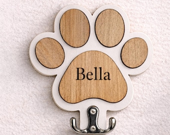 Personalized Paw Print Dog Leash Holder, Custom Engraved Wooden Wall Hook