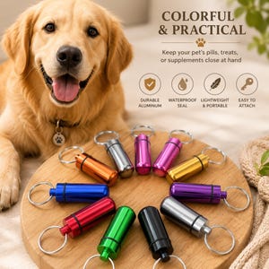 Colorful aluminum pet pill cases displayed with a golden retriever dog in a lifestyle product photo for pet accessory listing.
