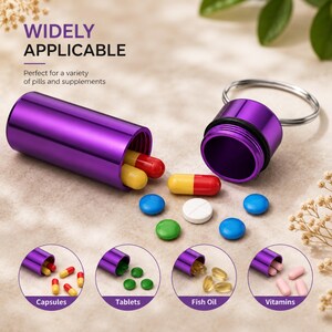 Purple aluminum pet pill holder opened with capsules and vitamins showing storage capacity and waterproof design.