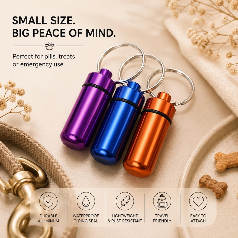 Three metallic pill containers on a neutral luxury background with product features and travel-friendly design icons.