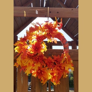Front Door Fall Wreath with Orange Zinnia, Pumpkin and Oak Leaves Thanksgiven