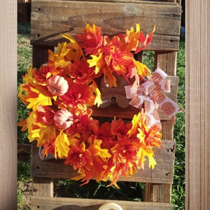 Front Door Fall Wreath with Orange Zinnia, Pumpkin and Oak Leaves Thanksgiven