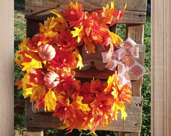 Front Door Fall Wreath with Orange Zinnia, Pumpkin and Oak Leaves Thanksgiven