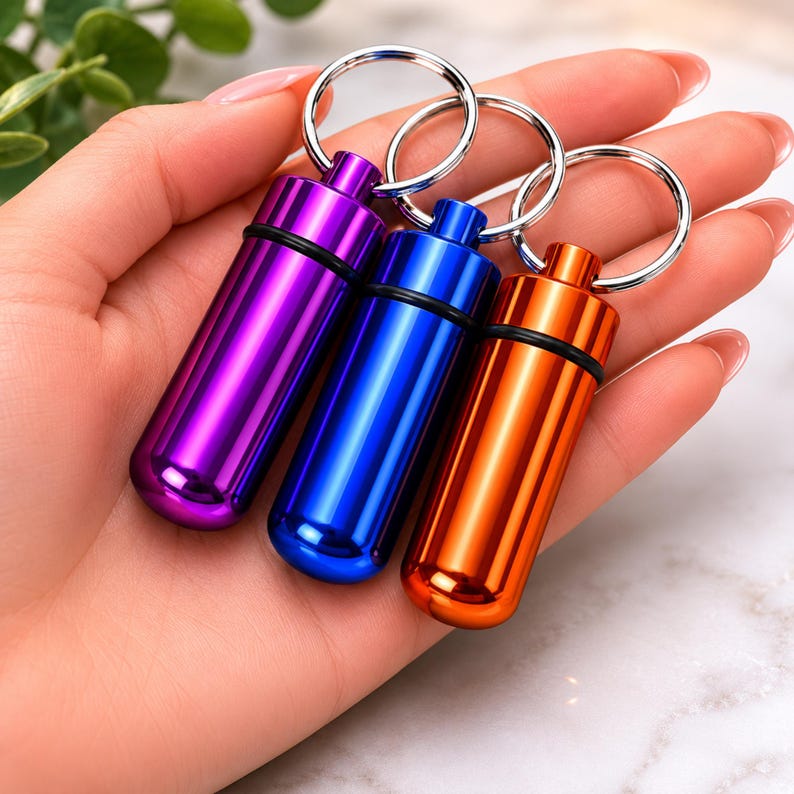 Three colorful metallic pet pill cases held in a hand to show compact travel size and portability.