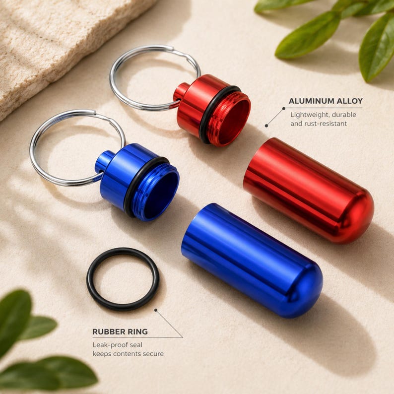 Red and blue aluminum pill keychains opened to display waterproof rubber ring seal and durable aluminum construction.