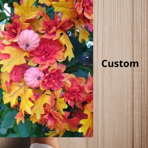 Front Door Fall Wreath with Orange Zinnia, Pumpkin and Oak Leaves Thanksgiven