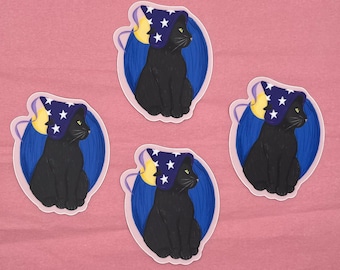 Black Cat Sticker - Cat with Night Sky Background Vinyl Sticker - For Water bottle, Laptop, Phone Case