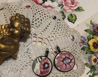 Handmade antique crockery sleeper earrings with pink flowers