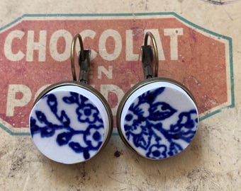 Handmade sleeper earrings made from antique tableware with blue flowers
