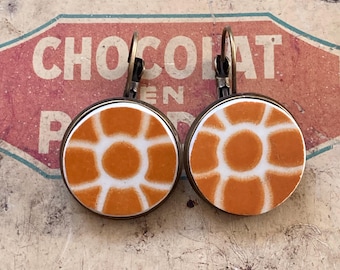 Handmade sleeper earrings made from antique tableware with orange flowers