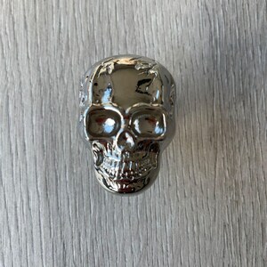 May include: A silver skull-shaped door knob or pull. The skull is detailed with eye sockets, a nose, and a mouth.