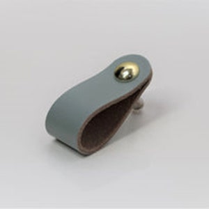 May include: A light blue leather cabinet pull with a gold metal knob.