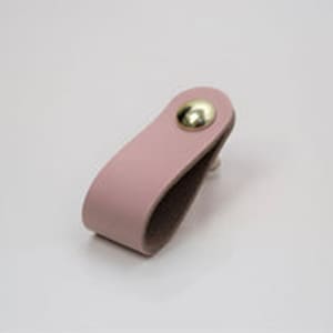 May include: A light pink leather cabinet pull with a gold metal knob.