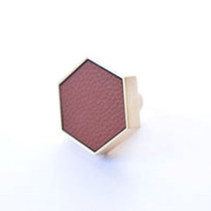 May include: A hexagonal cabinet knob with a gold metal frame and a brown leather centre.