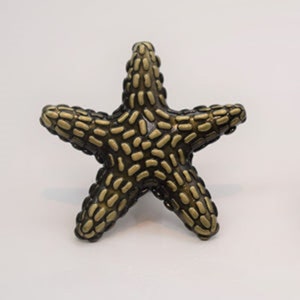May include: A gold-coloured starfish with a textured surface. The starfish is a decorative object.
