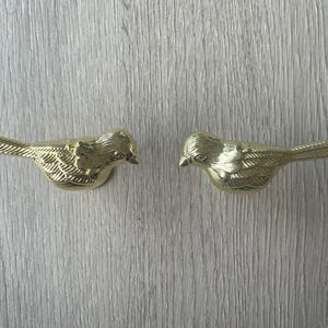 May include: Two gold-coloured bird-shaped drawer pulls. The birds are facing each other with their beaks slightly open.