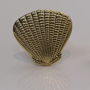 May include: A gold-coloured seashell door knob with a detailed textured surface.