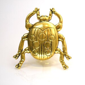 May include: A gold-coloured beetle brooch with a detailed design of circles and lines. The beetle has raised legs and antennae.