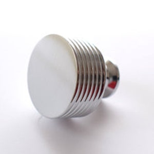 May include: A chrome-plated knob with a round top and a ribbed base. The knob has a red accent on the base.