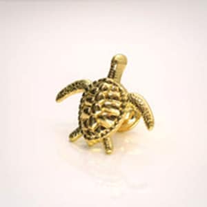 May include: A gold-coloured turtle pin with a detailed design. The turtle is facing the right side of the image.