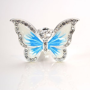 May include: A silver butterfly brooch with blue and white enamel and clear rhinestones.