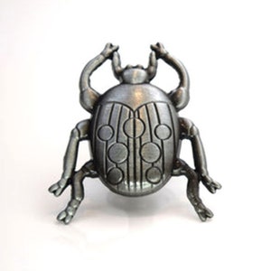 May include: A silver-toned beetle pin with a detailed design of circles and lines on its back.