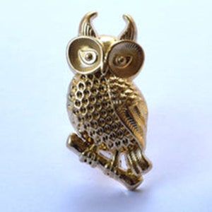 May include: A gold owl figurine with detailed textured feathers and large round eyes. The owl is perched on a branch.