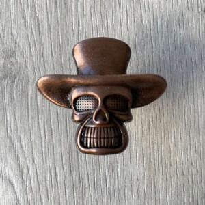 May include: A copper-coloured skull wearing a top hat and a cowboy hat. The skull has a detailed design with a mesh-like texture on the face.