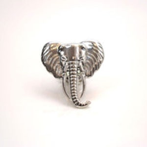 May include: A silver elephant ring. The ring depicts a detailed elephant head with large ears and a long trunk. The elephant is centered on a white background, highlighting the ring's design.