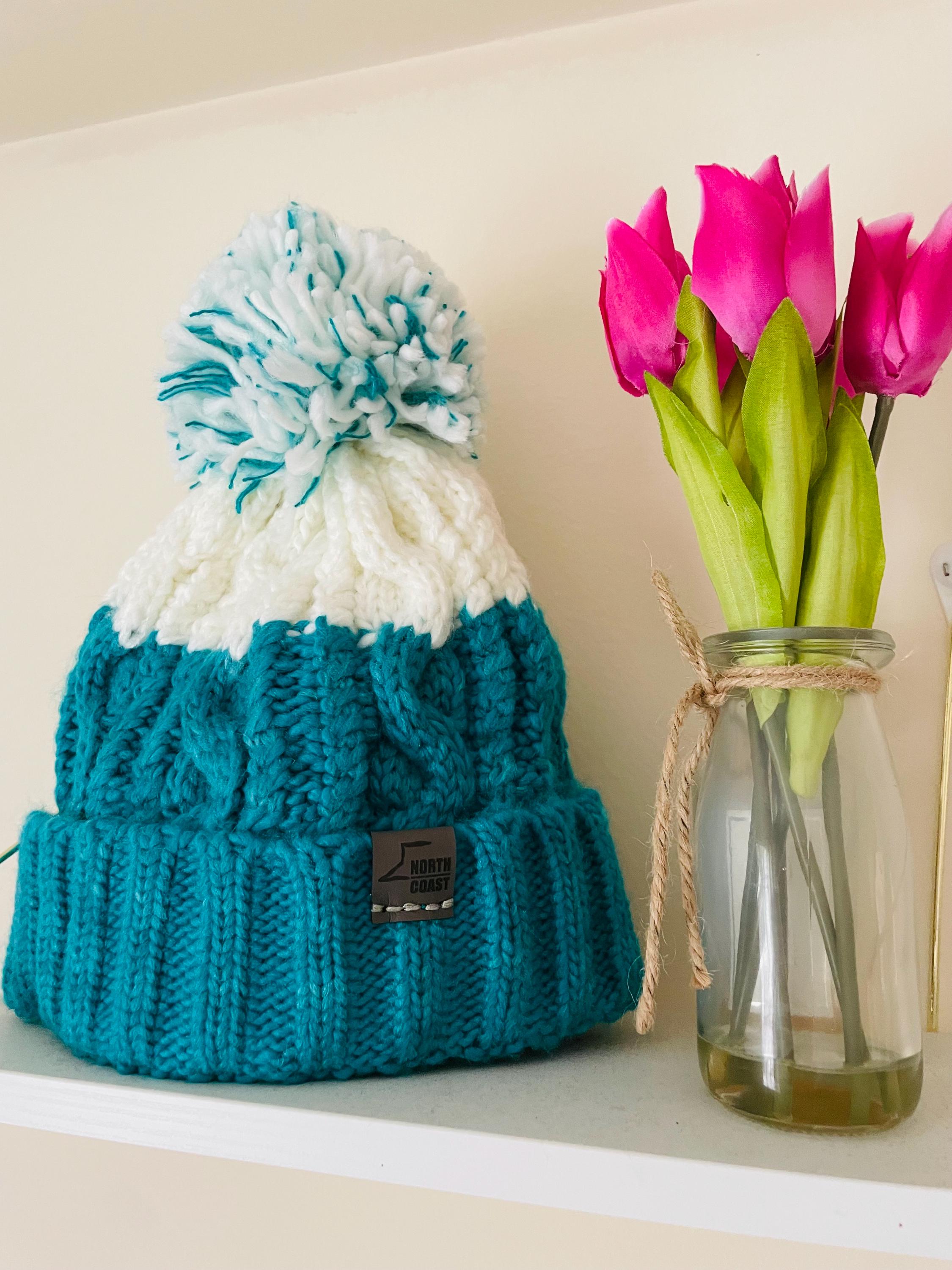 Free People Cozy Up Colorblock Pom Beanie Turquoise/Sea Verloop Chunky Colorblock Rib Pompom Hat Sale Cuff Hat  main image 3
