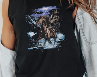 Thunder Horse Shirt, 90s Retro vintage grunge aesthetic Running Stallion Lightning Storm Western Style Apparel Women's Garment-Dyed Tank Top