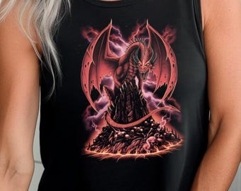 Red Dragon Heavy metal Album 90s Retro Grunge Aesthetic Mythical Monster Epic Horror Art, Vintage Dragon Womens Airy Muscle Tank Top
