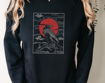 Chemise de carte de tarot gothique corbeau rouge lune witchcore sombre milieu universitaire cadeau corbeau unisexe lourd mélange ras du cou