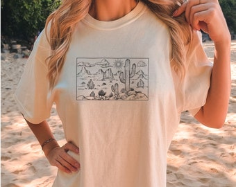 Camiseta con gráfico retro de cactus del desierto, estilo bohemio, con escena desértica para mujer, camiseta unisex de colores cómodos.