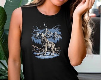 Howling Wolf Night Shirt 90s Retro Grunge Aesthetic, Moonlit Wilderness, Nature Wildlife, Rustic Adventure Style Womens Airy Muscle Tank Top