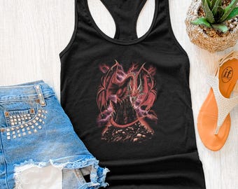 Red Dragon Perch Skul Shirt, Dark Gothic Creature, Fire Beast Shirt, Mythical Monster Epic Horror Art  Women's Slim Fit Racerback Tank