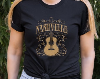 Maglietta con chitarra acustica Nashville Music City Tennessee, maglietta da concerto acustica per mamma, maglietta unisex alla moda a maniche corte