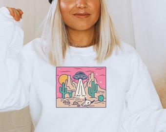 Flying Saucer Desert Scene trendy color graphic UFO Alien Funny shirt Unisex Crewneck Sweatshirt