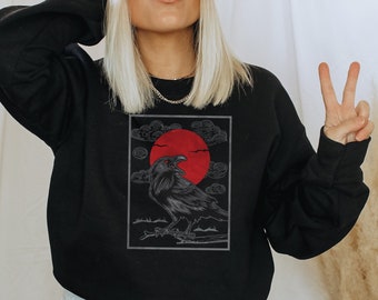 Gothic Raven Edgar Allen Poe Raven Red Moon Gothic dark cottagecore egirl dark academia Unisex Crewneck Sweatshirt