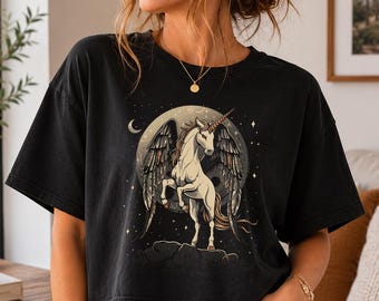 Unicorn Shirt for women, Album art trendy celestial moon Unicorn, Crystal, gift for her Comfort Colors Boxy Tee T-shirt and Tote Bag