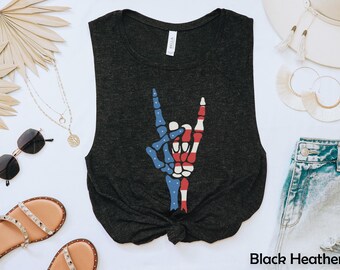 Camiseta sin mangas holgada con cuello redondo y músculos para mujer, diseño de mano rockera de esqueleto estadounidense de moda de verano del 4 de julio