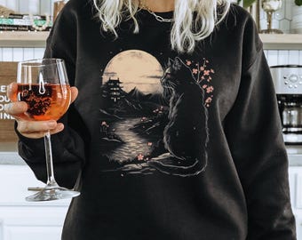 Japanese Cat Moon Art Shirt, Gift for Her, Cute Shirt Gift for Women, Japanese Art Shirt Cat Lover Unisex Crewneck Sweatshirt