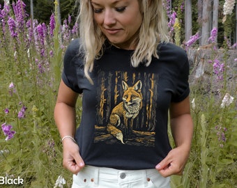 CottageCore Fox Forest Shirt, Linolschnitt, Waldkern, Blockprint Boho Geschenk, süßes Shirt für Frauen Unisex Jersey Kurzarm T-Shirt