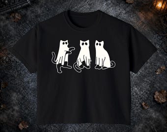 Halloween 3 Ghost Cats Shirt, Spooky Gothic Style, Cats Aesthetic, Cozy Night, Black Cat Lovers Comfort Colors Boxy Tee T-shirt and Tote Bag
