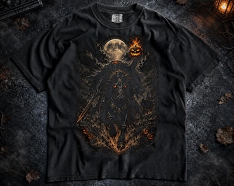 Headless Horseman Shirt, Moonlit Halloween T-Shirt, Flaming Pumpkin Gothic, Sleepy Horror Graphic Top  COMFORT Colors Unisex Tee T-shirt