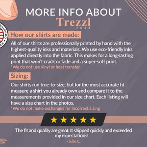 The image is a promotional graphic for Trezzl T-shirts, featuring a description of how the shirts are made and their size. The image includes a rating of 5 stars from Julie C, indicating that the fit and quality are great. The image also includes a rating of 4 stars, suggesting that the shirts are shipped quickly and exceed expectations. The image is a collage of several smaller images, and the text is concise and clear, avoiding redundancy and vague descriptions.