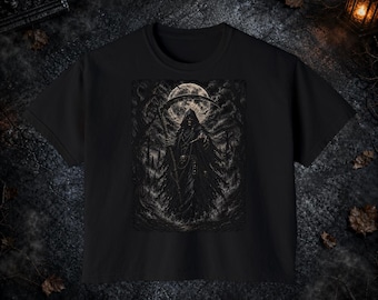 Grim Reaper Moonlit Forest Shirt, Gothic Death Scythe Moon, Horror Aesthetic, Witchy Styles Comfort Colors Boxy Tee T-shirt and Tote Bag