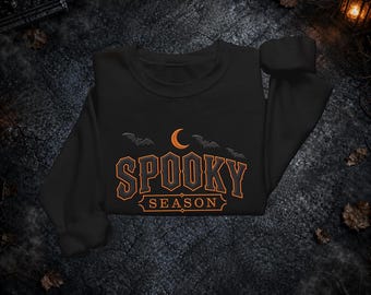 Spooky Season Embroidery Shirt, Bat Moon Autumn Style, Gothic Fall Aesthetic, Vintage Witchy Vibes Unisex Crewneck Sweatshirt